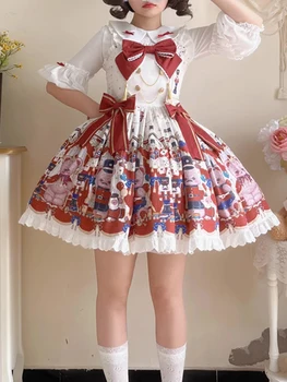 KIMOKOKM Японское милое платье в стиле Лолиты с кружевным Кавайным квадратным воротником и бантом с рисунком Медведя из мультфильма, платье принцессы без рукавов трапециевидной формы JSK